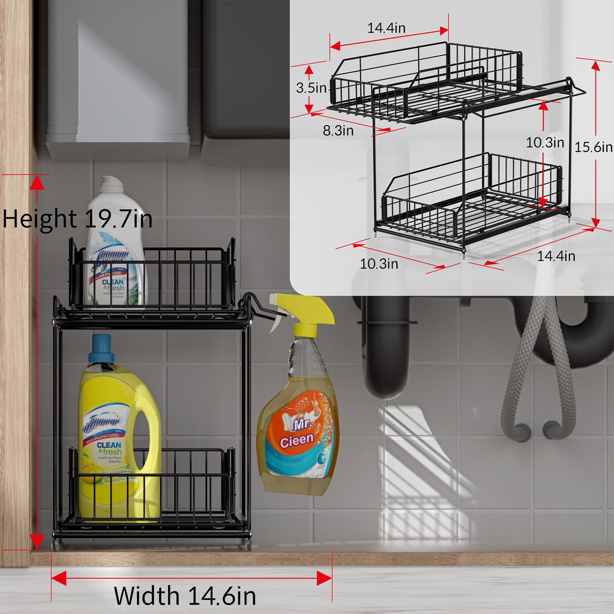 Kitchens and bathrooms stay tidy with a hanging rail for drying towels.