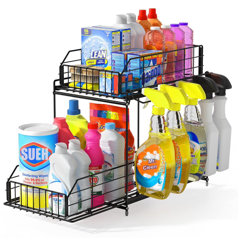 SUEH DESIGN under sink organizer with two-tier drawers for efficient storage.