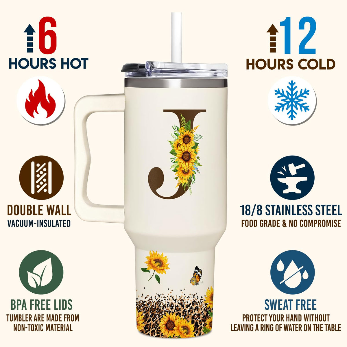 SUFAVN 40oz stainless steel tumbler with comfortable carry handle.