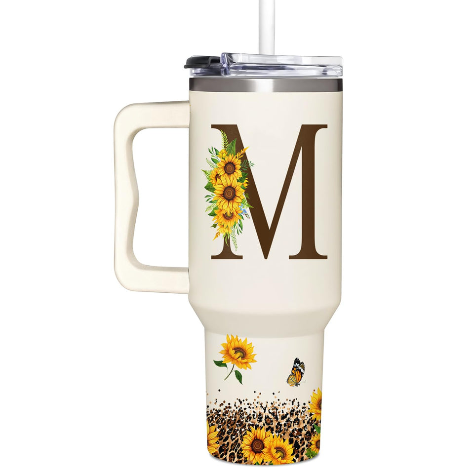 SUFAVN monogrammed sunflower tumbler front view shows durable 40oz capacity
