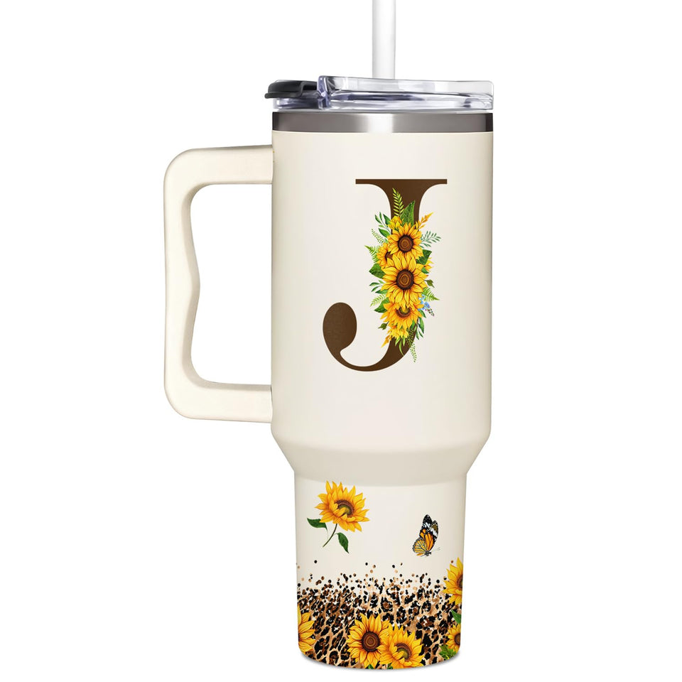 SUFAVN monogrammed sunflower tumbler front view for daily personalized hydration.