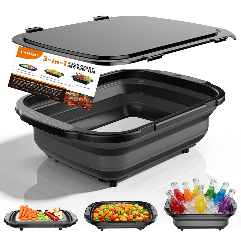 Sufkodu collapsible BBQ prep tubs ready for outdoor prep and organization.