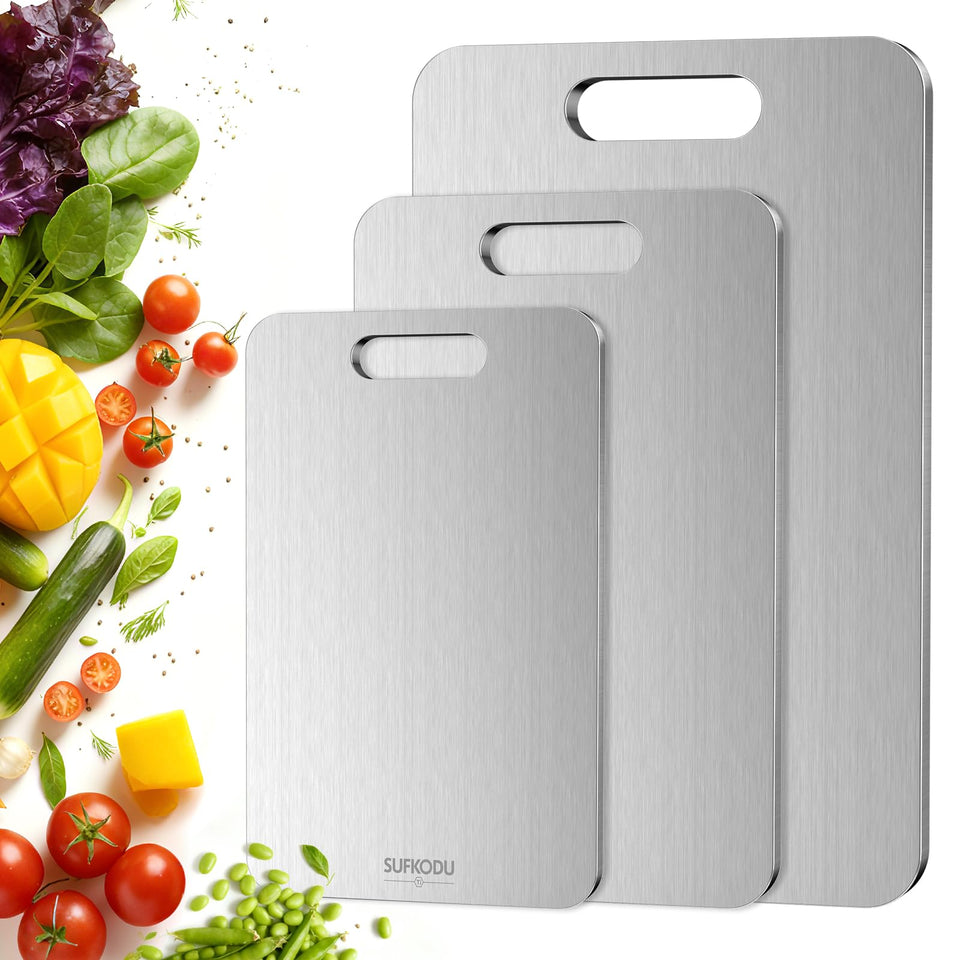 Sufkodu titanium cutting board set 3 angled view for premium kitchen prep