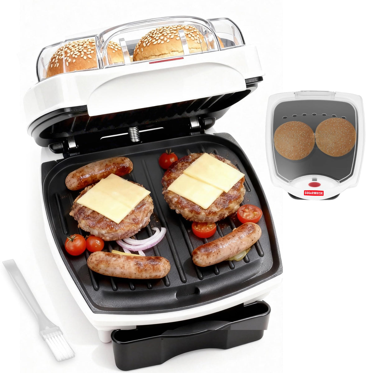 SugarWhisk 2 In 1 Hamburger Grill Maker front view shows compact design for quick indoor grilling