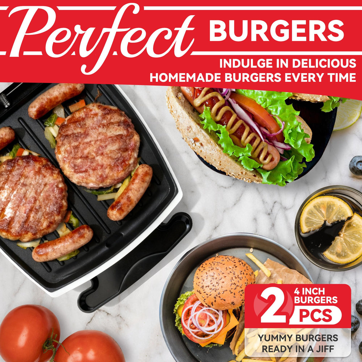 SugarWhisk 2 In 1 Hamburger Grill Maker top view highlights space-saving footprint for tidy countertops