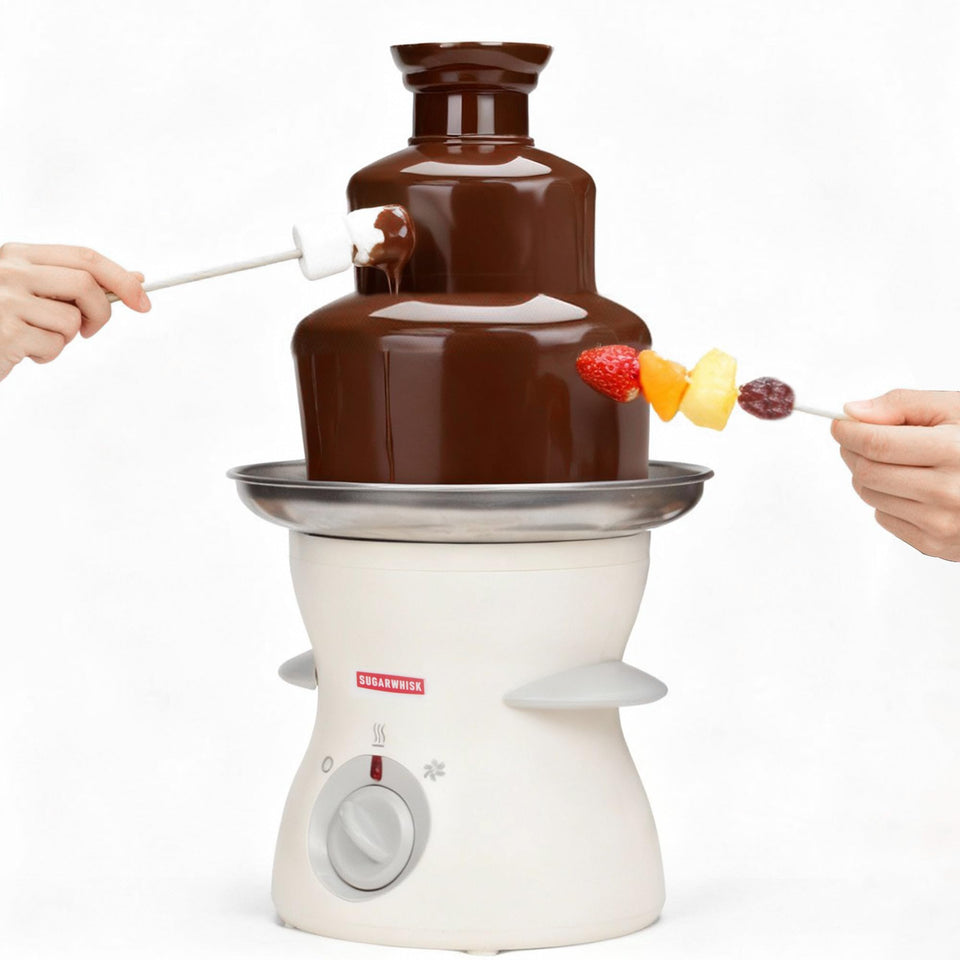 SugarWhisk 3-tier mini chocolate fountain with cascading chocolate for effortless dipping at parties.