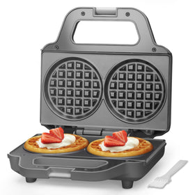 SugarWhisk 4-inch double mini waffle maker closed, compact grey kitchen appliance.