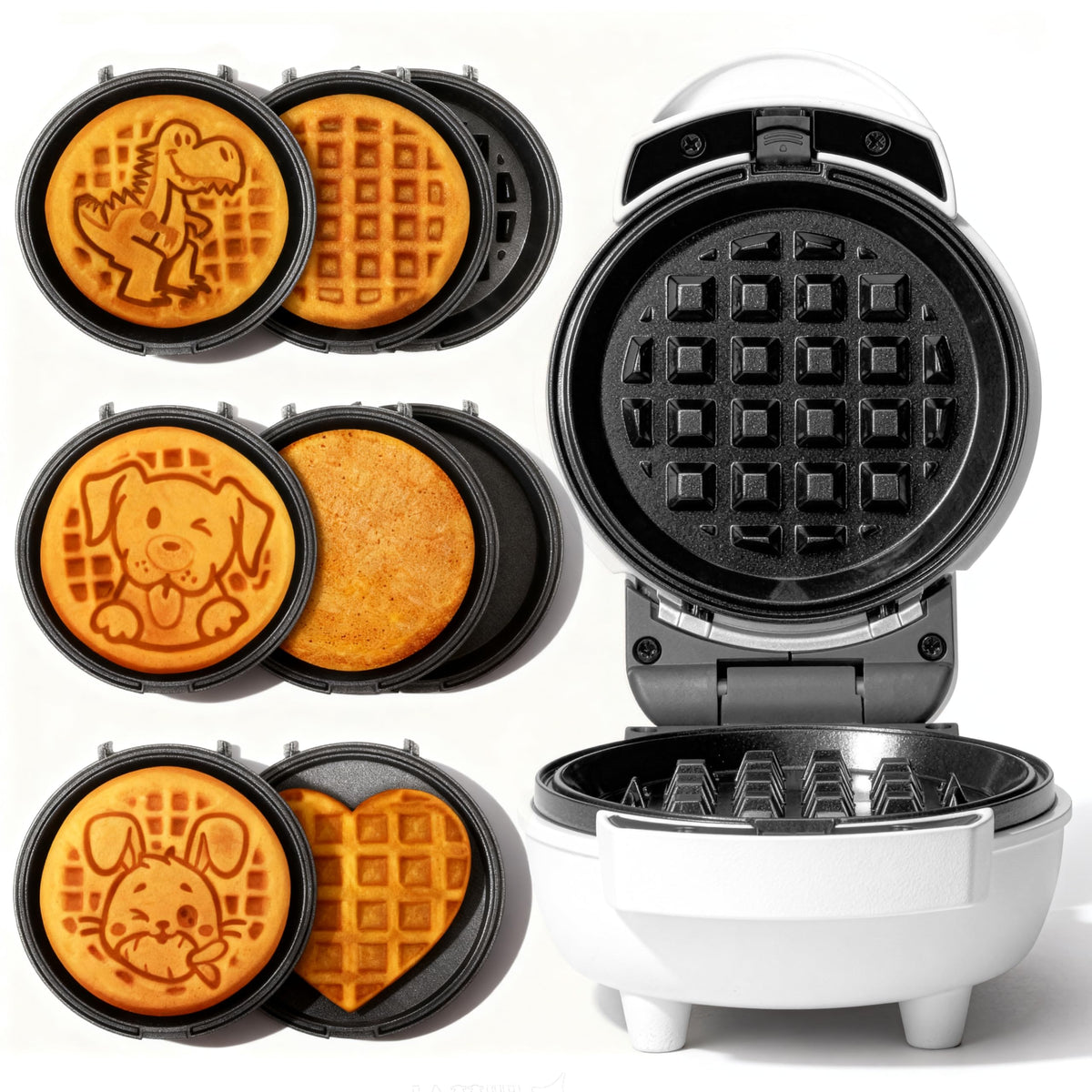 SugarWhisk 6-in-1 mini waffle maker with removable plates for quick shape changes.