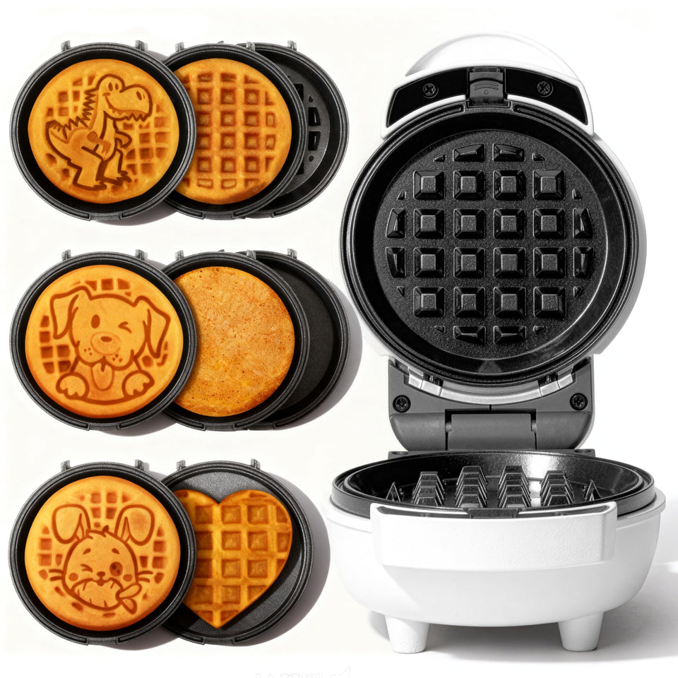 SugarWhisk 6-in-1 mini waffle maker with removable plates for quick shape changes.