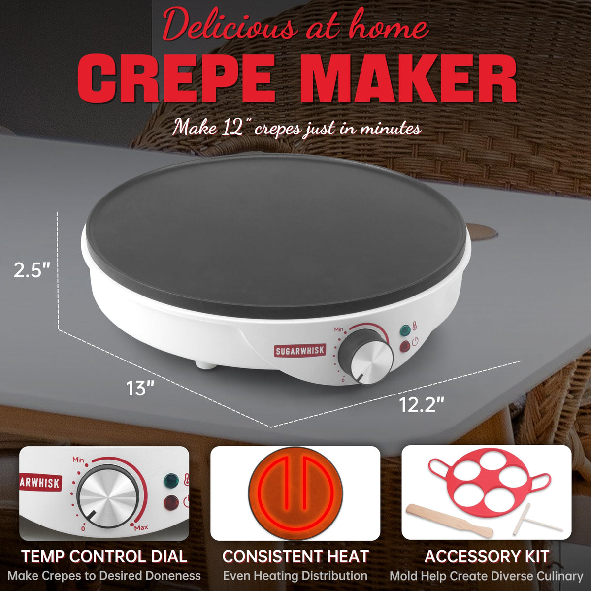 SugarWhisk batter spreader in use for even crepe batter distribution.