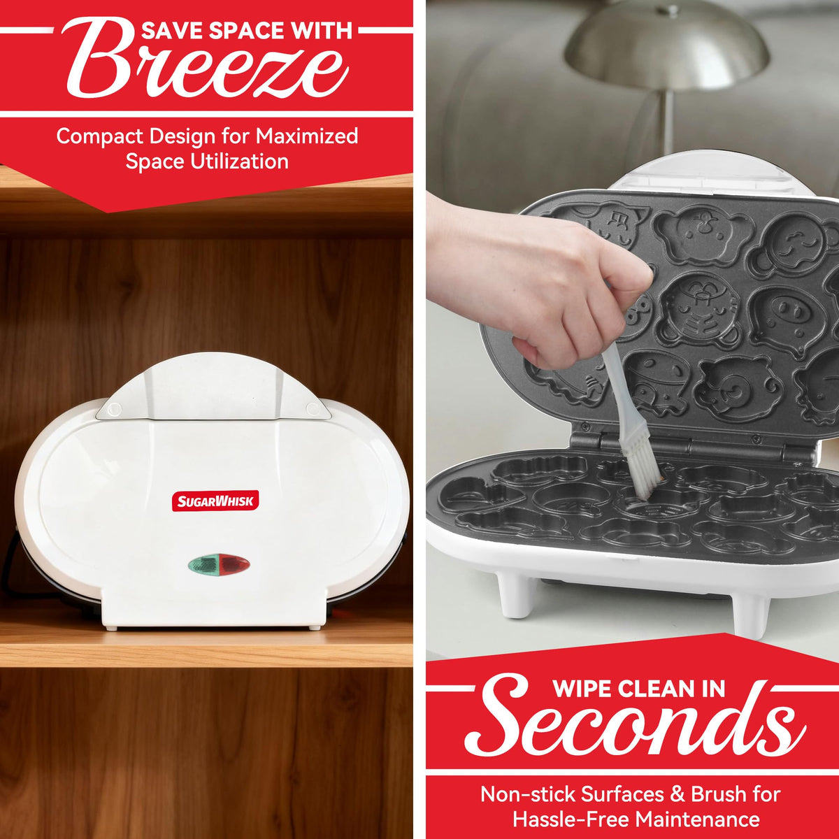 SugarWhisk cleaning brush and scraper included for mess-free waffles