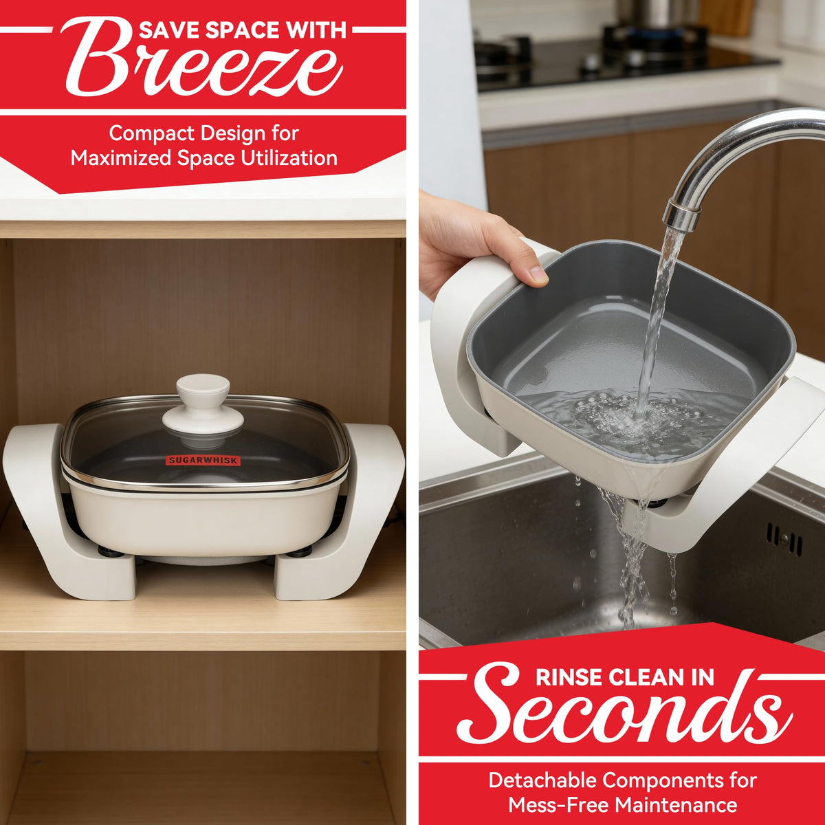 SugarWhisk cool touch knob and ergonomic handles prioritize safety during cooking.