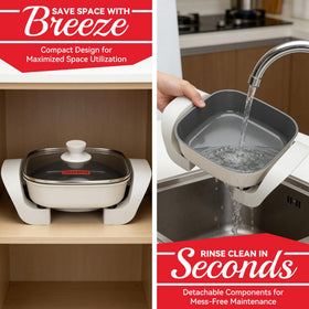 SugarWhisk cool touch knob and ergonomic handles prioritize safety during cooking.