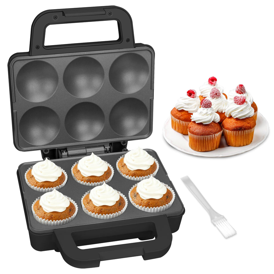 SugarWhisk cupcake maker front view with six non-stick cups for quick bakes