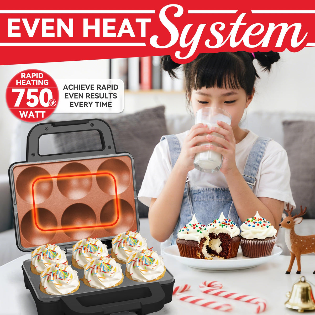 SugarWhisk cupcake maker lid open reveals non-stick surface and six portions ready