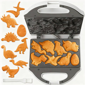 SugarWhisk Dinosaur Mini Waffle Maker overview with compact white design for easy storage