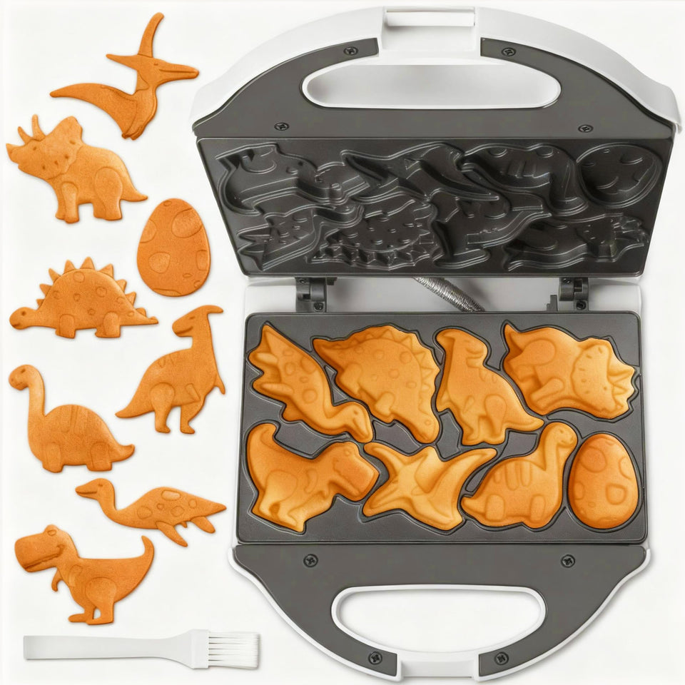 SugarWhisk Dinosaur Mini Waffle Maker overview with compact white design for easy storage