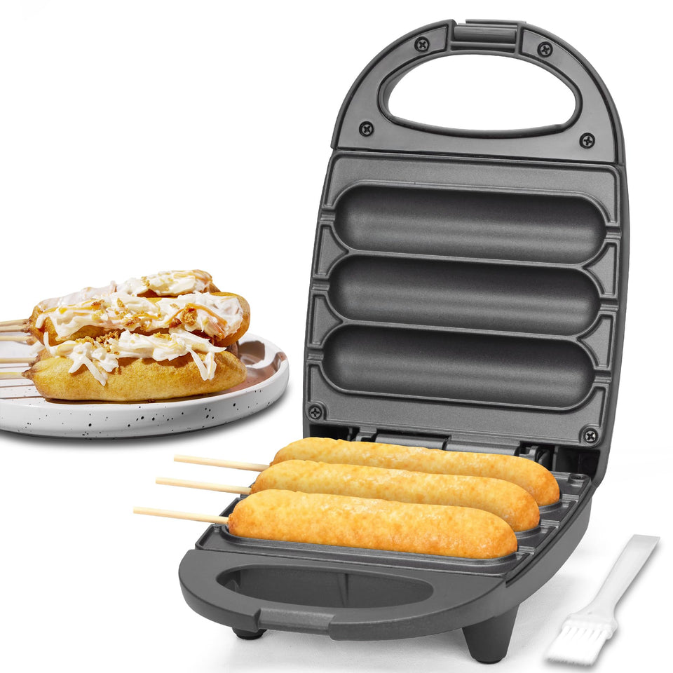 SugarWhisk electric corn dog maker front view showing compact, space-saving design.