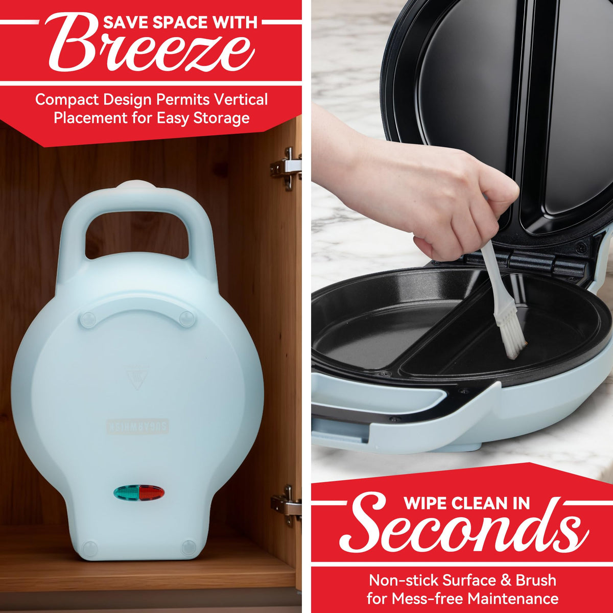SugarWhisk Flip Omelette Maker compact design fits on small counters.
