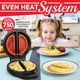 SugarWhisk Flip Omelette Maker prepares two omelettes quickly with dual nonstick surfaces.