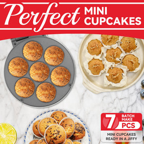 SugarWhisk Mini Cupcake Maker displays baked cupcakes ready on a tray for quick treats.
