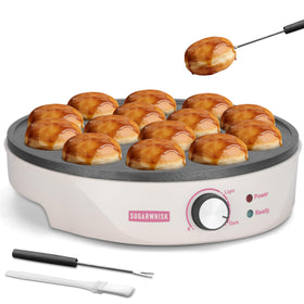 SugarWhisk Mini Pancakes Maker with 14 deep grooves on a light kitchen counter