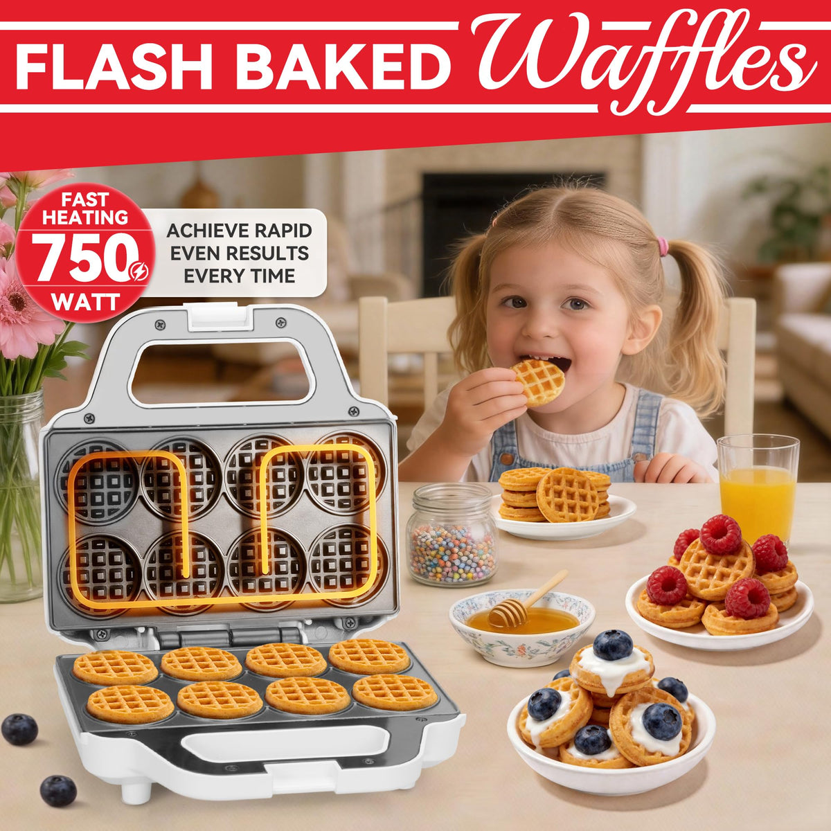 SugarWhisk mini waffle maker batter pour captures batter ready for bite sized waffles