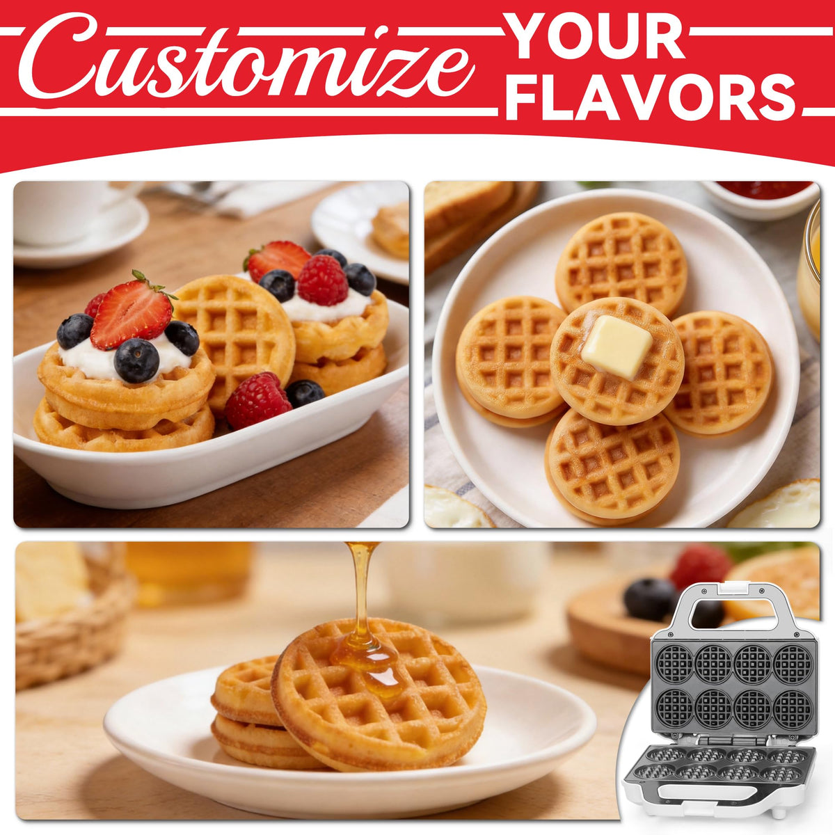 SugarWhisk mini waffle maker even heating ensures crispy exterior and tender interior