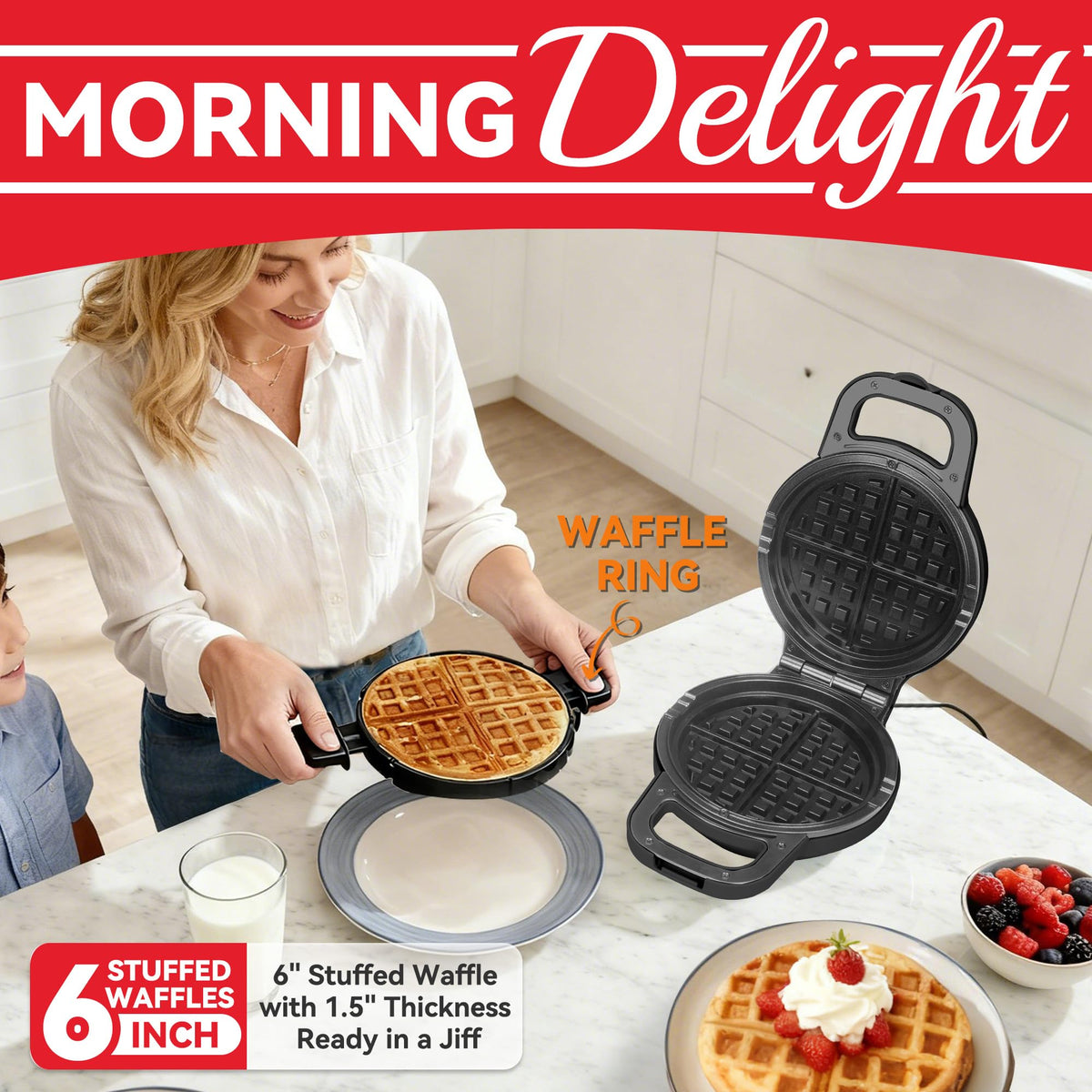 SugarWhisk removable waffle ring helps lift perfect waffles without breaking.