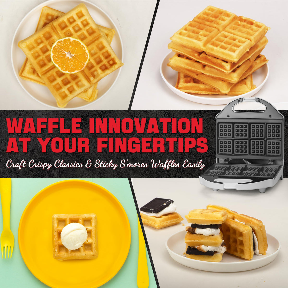 SugarWhisk Square Waffle Maker compact stainless steel body stored on a counter.