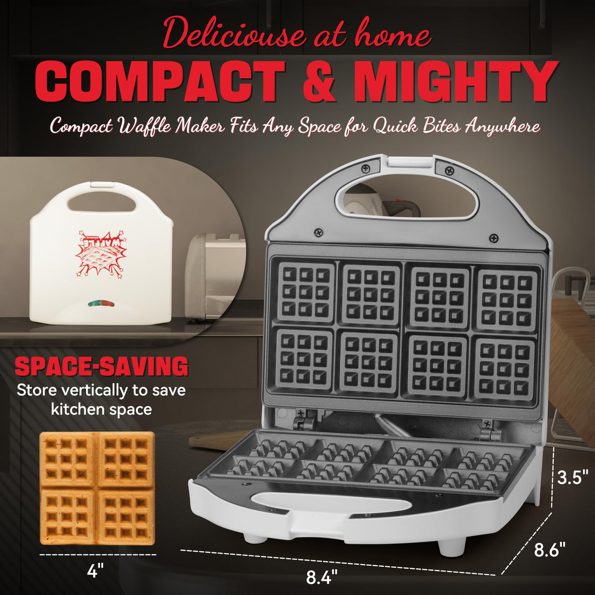 SugarWhisk Square Waffle Maker cool-touch handle for safe lid operation.