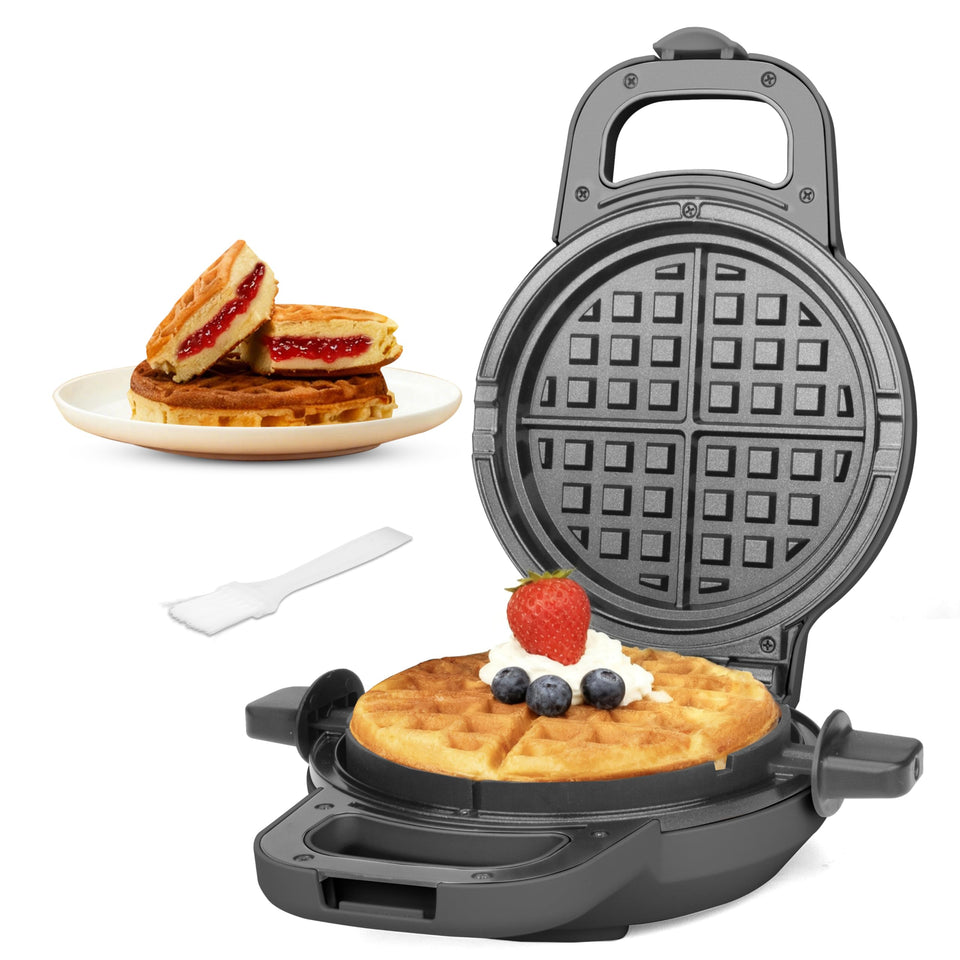 SugarWhisk stuffed waffle maker rotating open-lid view for easy filling and even cooking.