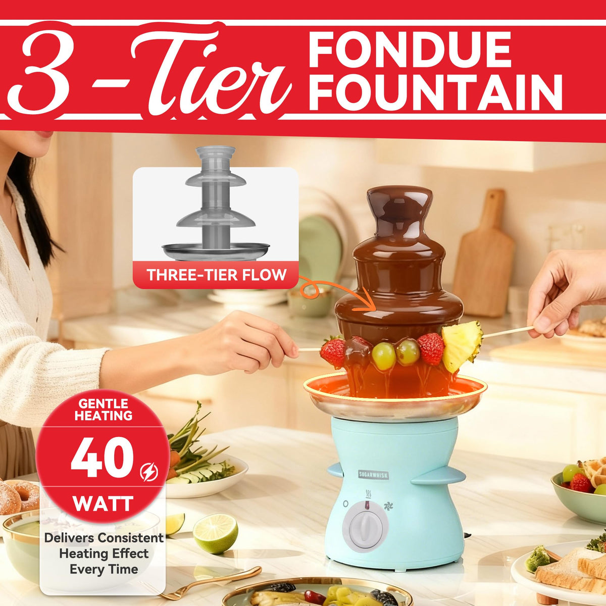 SugarWhisk top-tier tray evenly distributing chocolate across dippables.
