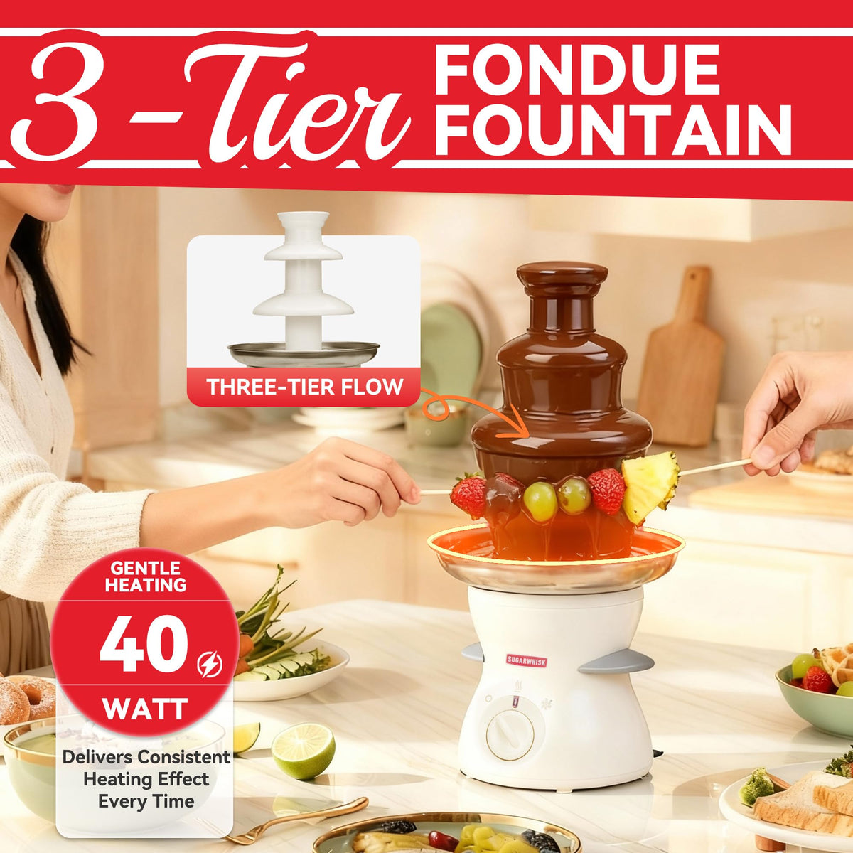 SugarWhisk 3-tier fountain top view shows smooth chocolate flow for gatherings.