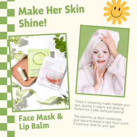 Suhctuptx gift box includes a rice face mask for gentle skincare at home.