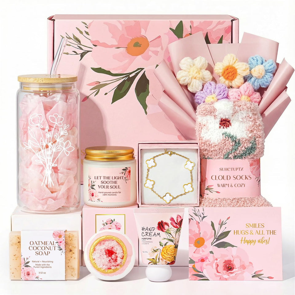 Suhctuptx pink gift box with glass cup for elegant self-care moments.