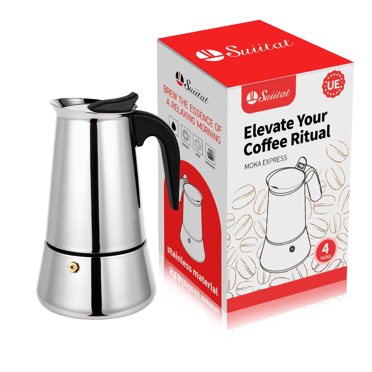 Suiitat Moka Pot 4-Cup front view showing polished stainless steel finish