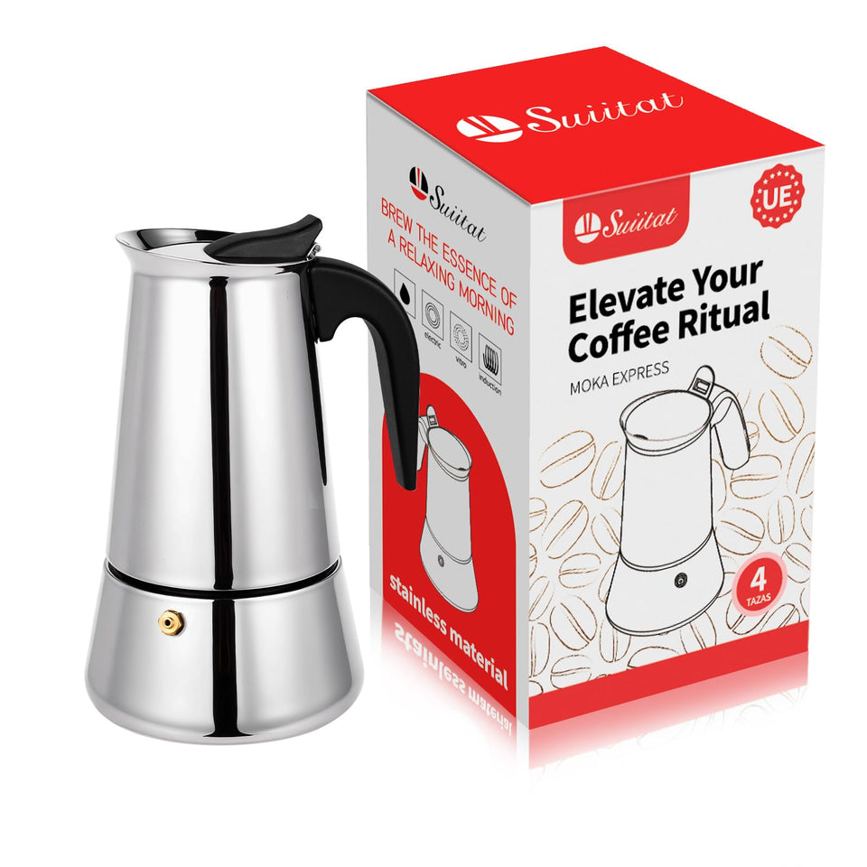Suiitat Moka Pot 4-Cup front view showing polished stainless steel finish