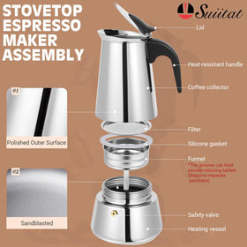 Suiitat Moka Pot 4-Cup top view highlighting secure lid and handle