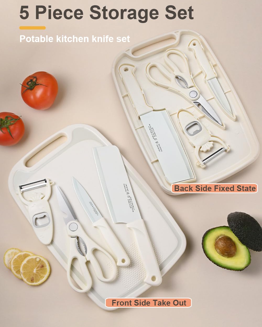Sujayu beige mini cutting board with cutlery, compact for outdoor cooking.