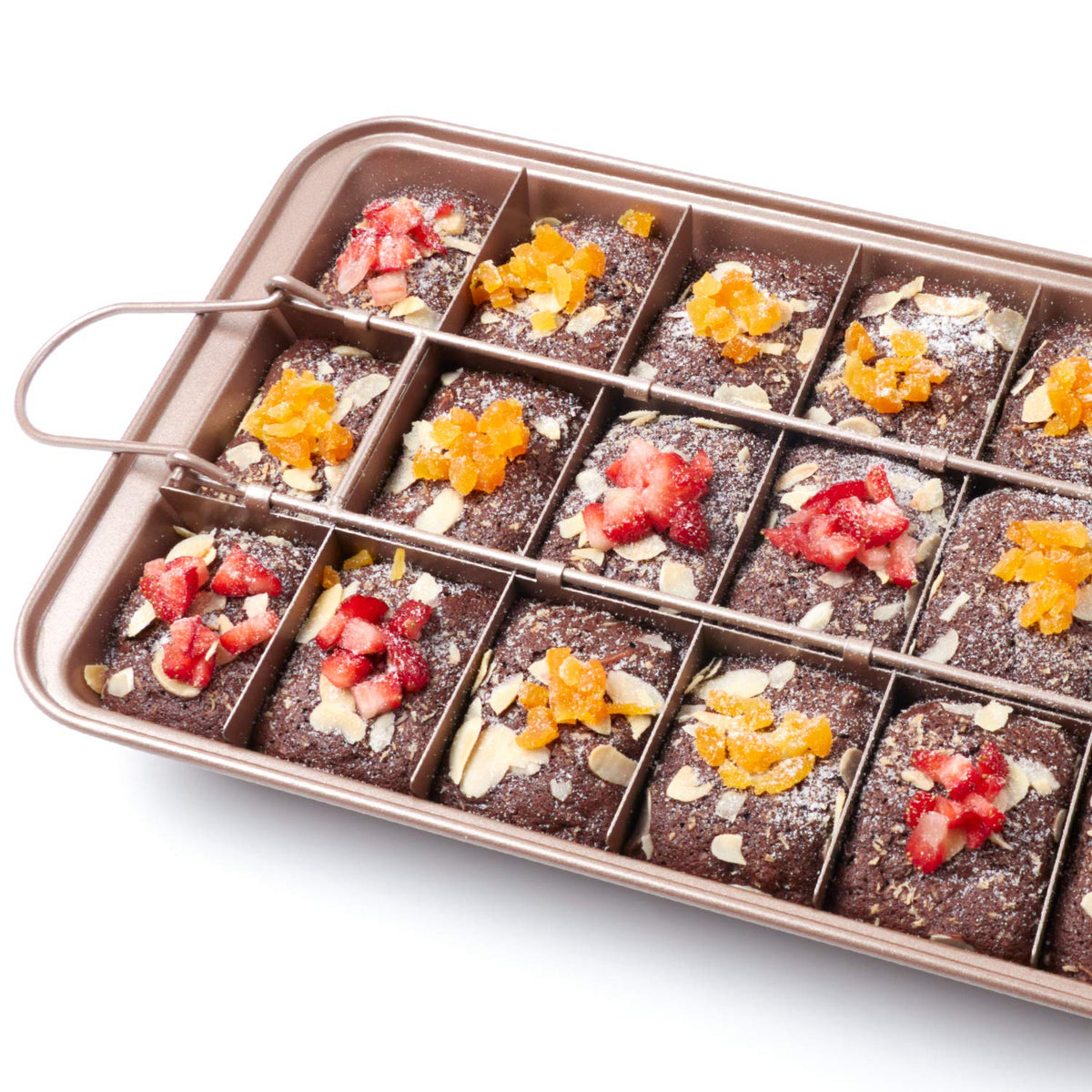 SUJUDE brownie pan displaying eighteen uniform slices