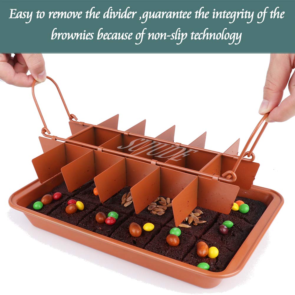 SUJUDE precuts 18-slice brownie pan for uniform portions.