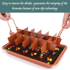 SUJUDE precuts 18-slice brownie pan for uniform portions.