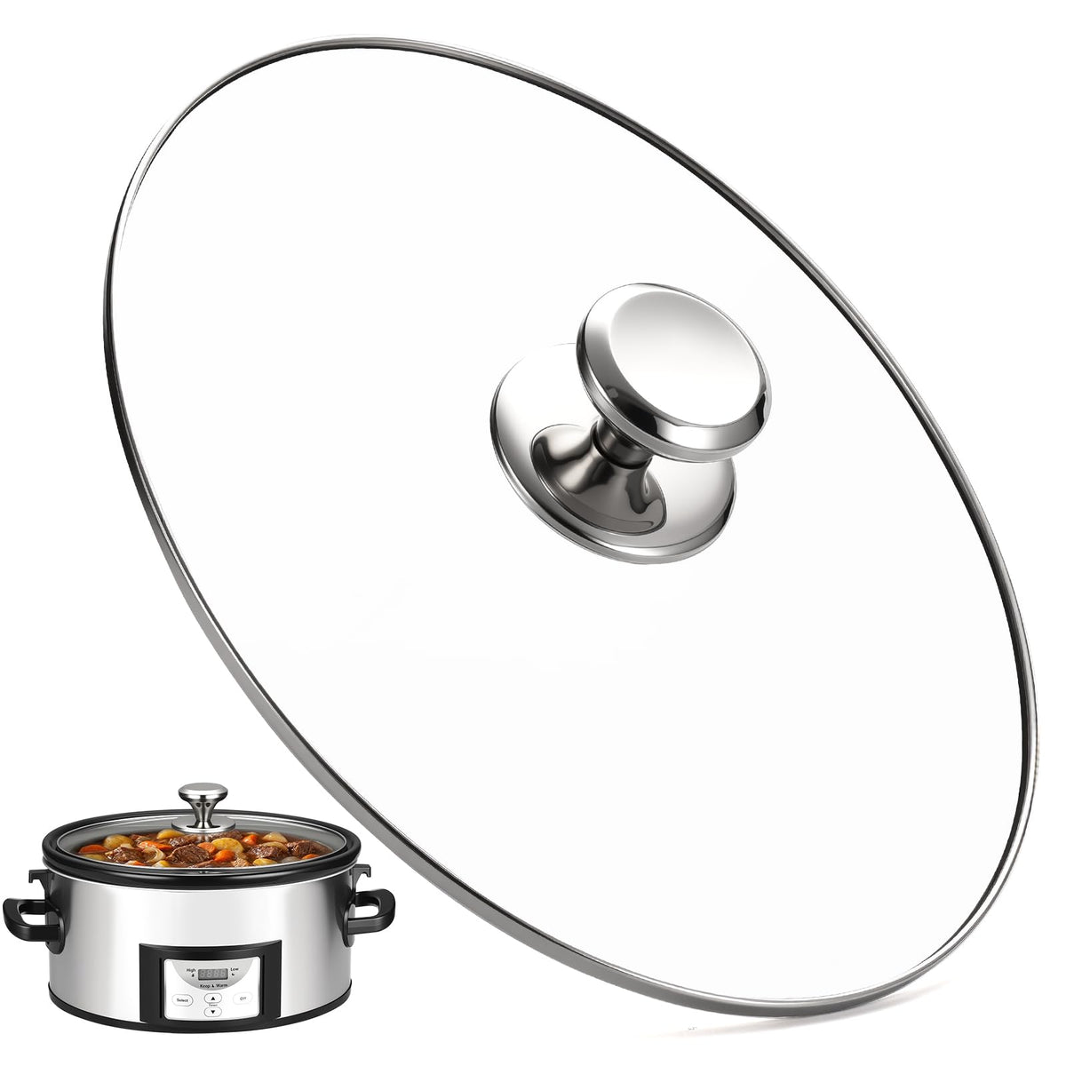 SUKABU oval glass lid on Crock-Pot showing a clear view of cooking with snug seal