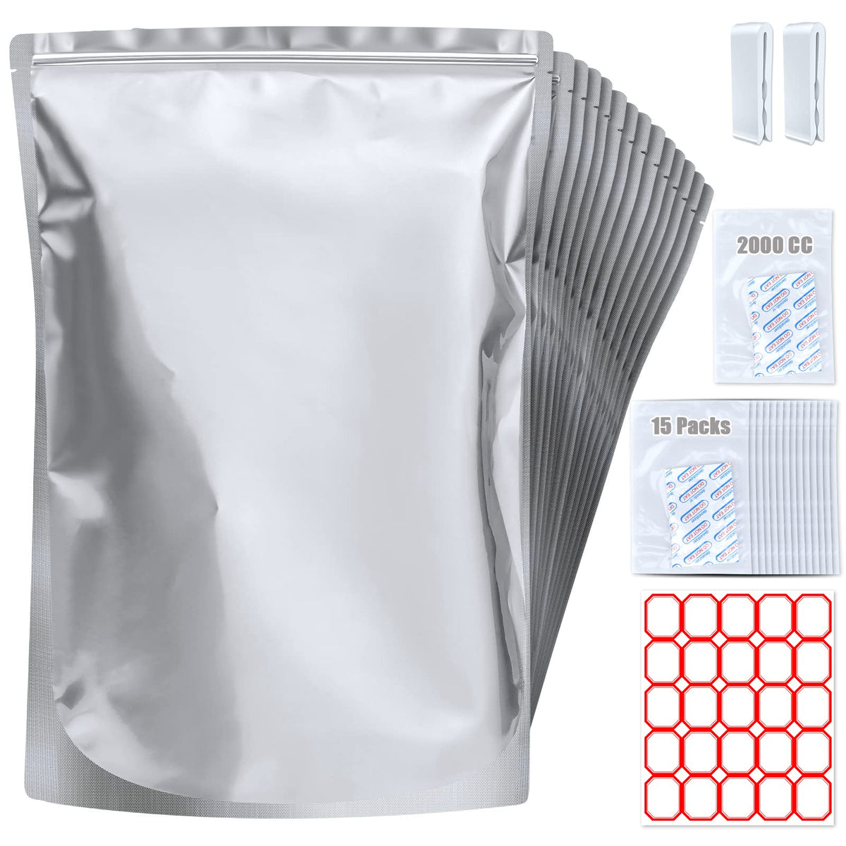 Sukerle 15-pack 5 gallon Mylar bags for bulk dry goods storage.