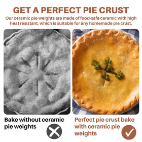 Sukh stoneware round pie weights resist oven heat for crisp edges.