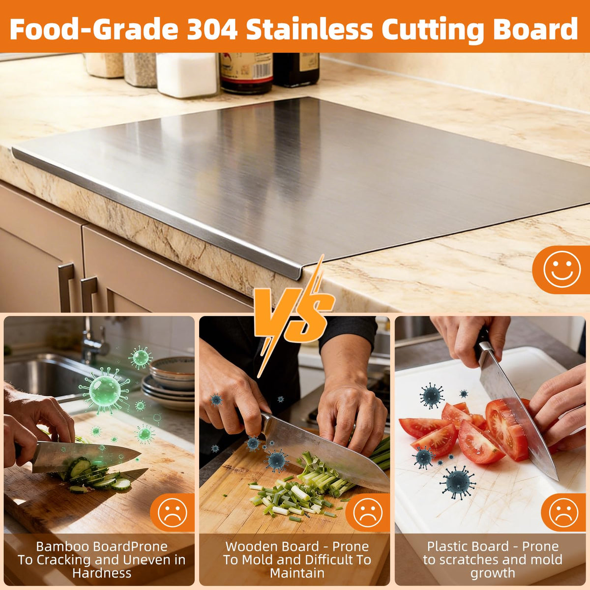 Sukinoonly SUS304 cutting-board on a kitchen counter showcases sleek metal design.