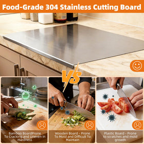 Sukinoonly SUS304 cutting-board on a kitchen counter showcases sleek metal design.