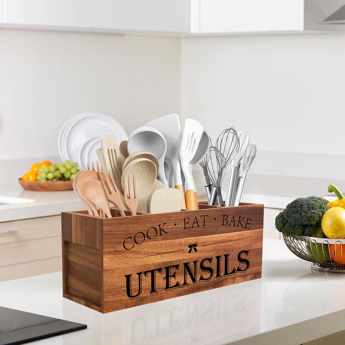 Suli acacia wood case for baking utensils helps keep tools organized