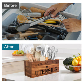 Suli acacia wood countertop storage solution fits neatly on the kitchen counter